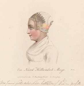 Hodeplagg til en jente fra Nord-Holland, 1816 A North Holland Girl / Une Jeune fille de la Nord-Holland / Vue en profil (tittel på objekt)