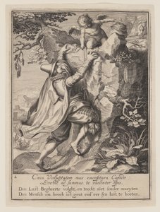 En ung mann som klatrer opp en åsside hjulpet av Cupid, fra Allegori om misbruk av verdslig eiendom av Willem van Swanenburgh