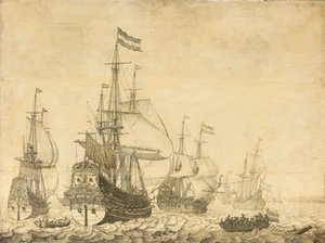 Sjølandskap med de nederlandske krigsmenn, inkludert Drenthe og prins Frederick-Henry av Willem van de Velde (I)