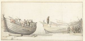 Studie av to fiskebåter med figurer av Willem van de Velde (II) (attributed to)