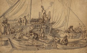Figurer om bord på små handelsfartøy, ca. 1650-5 (penn, brunt blekk og vasketegning)