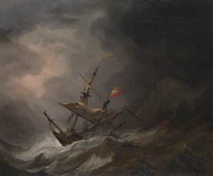 En middelhavsbrigantin som driver inn på en steinete kyst i en storm, ca. 1700 (olje på lerret)