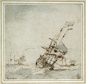 Ein Flaggschiff (Flaggenträger), das beschleunigt, um dem Sturm zu entkommen. Zeichnung von Willem van de Velde dem Jüngeren (1633-1707), um 1700 ausgeführt. von Willem van de Velde the Younger