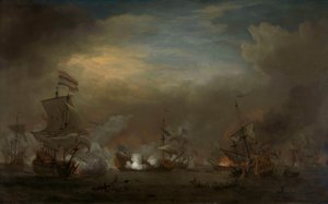 Natt sjøslag mellom Cornelis Tromp på Gouden Leeuw og Sir Edward Spragge på Royal Prince av Willem van de Velde the Younger