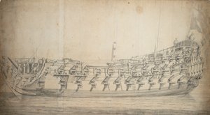 Portrett av «Grafton», tredje klasse, bygget i 1679 og gjenoppbygd i 1700, ca. 1680 (grafitt, gråvasket)