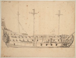 Portrett av «Victory», 2. klasse bygget 1620, 82 kanoner, gjenoppbygd 1666, ca. 1672 (grafitt, gråvasket)