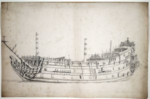 Portrett av skipet «Triumph» (eller «Saint George»), 70 kanoner, bygget i 1623, med en ledende figur som representerer Neptun og to sjøhester, med tre komplette dekk