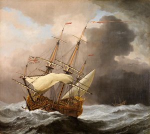 Det engelske skipet Hampton Court in a Gale, 1678-80.