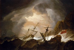 To britiske skip forliser i storm nær en steinete kyst. Olje på lerret, rundt 1700, av Willem van de Velde (1633–1707).