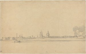 Utsikt over en nederlandsk by (Delft?) av Willem van de Velde the Younger