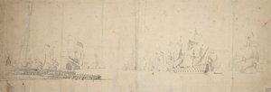 En nederlandsk flåte som går i gang fra en pir, ca. 1665 (grafitt, gråvasket) av Willem van de the Elder Velde