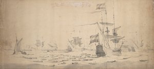 En nederlandsk flåte som ligger og venter i en bris: et krigsråd, ca. 1665 (grafitt, gråvasket)