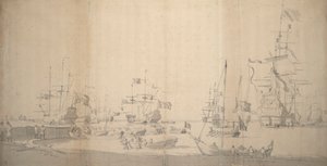 En weyschuit som blir trukket i land i en overfylt havn, ca. 1672 (grafitt)