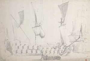 En engelsk fjerderangs i lette lufttrekk, ca. 1681 (grafitt, gråvasket) av Willem van de the Elder Velde