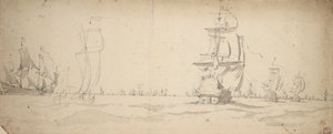 Nederlandske skip som kjører ned mot hovedflåten, mai 1672, ca. 1672 (grafitt, gråvasket)