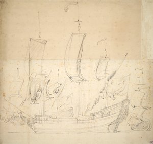 Portrett av «George» Brannskip kjøpt i 1672, 6 kanoner, senket for fundamentering i 1674, ca. 1673 (forskyvning, svart kritt)