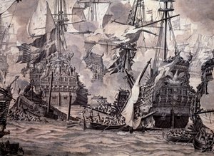 Slaget ved Øresund mellom den nederlandske og den svenske flåten, 8. november 1658. Detalj - Olje- og blekkmaleri