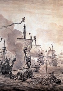 Slaget ved Øresund mellom den nederlandske og den svenske flåten, 8. november 1658. Detalj - Olje- og blekkmaleri