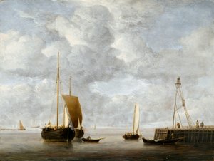 En nederlandsk Hoeker ved anker nær en brygge ca. 1665 (olje på panel)