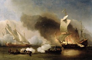 En aksjon utenfor Barbarykysten med bysser og engelske skip, ca. 1695 (olje på lerret)