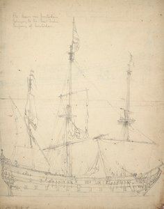 Portrett av «Beurs van Amsterdam». Bygget i 1654 som en indiafarer. 52 kanoner. Tatt i statens tjeneste i 1665. Returnert til selskapet i 1666, ca. 1665 (offset)