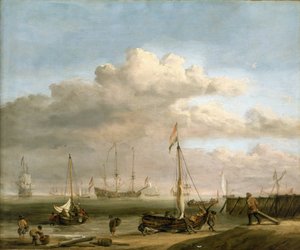 Den nederlandske kysten til Marsdiep og Den Helder, med fiskebåter. Olje på lerret, ca 1690, av Willem van de Velde (1633-1707).