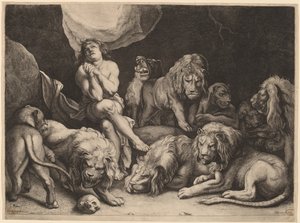 Daniel i Løvenes hule av Willem van der Leeuw after Sir Peter Paul Rubens