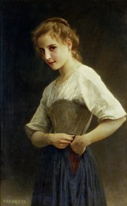 Ved dagens begynnelse (liv på landet: en ung bondepike som kler på seg). Maleri av William-Adolphe Bouguereau. av William-Adolphe Bouguereau