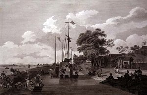 Utsikt over innsjøen Pao-Yng der den er adskilt fra Canal Grande av en jordvoll, gravert av William (1747-1810) og Elizabeth Ellis, pub. av G. Nicol av William (after) Alexander