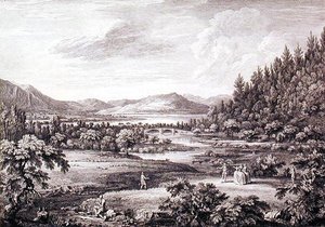En utsikt fra Ullswater mot Pooley Bridge, gravert av Chatelin og Cannot (gravering) av William (after) Bellers
