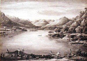 En utsikt over hodet til Ullswater mot Patterdale, gravert av Chatelin og Mason av William (after) Bellers
