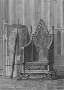 Kroningsstolen til de engelske suverene, med skjoldet og statssverdet til Edward den tredje, Westminster Abbey (gravering) av William (after) Capon