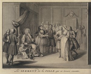 En kvinne som sverger et barn til en gravborger (gravering) av William (after) Hogarth