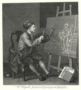 Selvportrett av den engelske kunstneren William Hogarth (gravering)