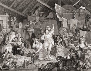 Spaserspillere som øver i en låve, gravert av G Presbury, fra The Works of Hogarth publisert London 1833 (s/hv gravering)
