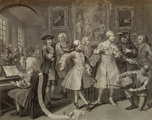 Tom Rakewell omgitt av kunstnere og professorer, plate II fra The Rake