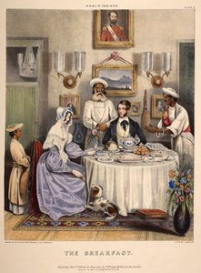 Frokosten. Et ungt ektepar (en embetsmann i Øst-India-kompaniet og hans kone) spiser frokost på stekt fisk, ris og Sylhet-appelsiner, med tjenere til stede. Litografi av J. Bouvier. av William (after) Tayler