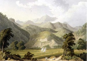 Approach to the Bore Ghaut, fra et maleri av oberstløytnant Johnson, gravert av T. Fielding og fargelagt av J.B. Hogarth (litho) av William (after) Westall