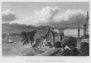 Monks Mill, River Avon, Bath (gravering) av William (after) Westall