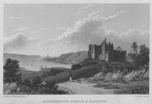 Oystermouth Castle and Harbor (gravering) av William (after) Westall