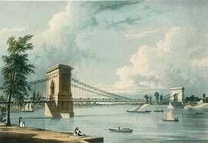 Suspension Bridge, Hammersmith, fra Ackermanns 'Microcosm of London', gravert av J. Baily av William (after) Westall