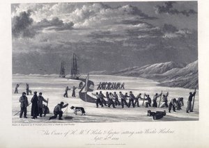 Mannskapet på H.M.S. Hecla og Griper skjærer inn i vinterhavnen, 26. september 1819, illustrasjon fra 