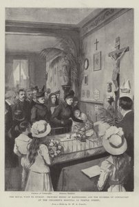 Det kongelige besøket i Dublin, prinsesse Henry av Battenberg og hertuginnen av Connaught ved barnesykehuset i Temple Street litho av William A. Donnelly