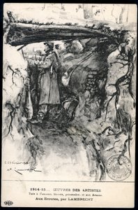 Første verdenskrig - 14.-18. krig (1914-1918) - Første verdenskrig (WWI eller 1. verdenskrig): Frankrike, patriotisk kart som viser en tegning av en soldat i en skyttergrav som ser på frontlinjen, med tittelen: "lytter" av William Adolphe Lambrecht