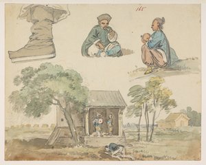 165 Figurstudier og helligdom.  , fra et album med 372 tegninger av landskap, kystlinjer, kostymer og hverdagsliv laget under Lord Macartneys ambassade til keiseren av Kina, mellom 1792 og 1794 (blyant og akvarell på papir) av William Alexander