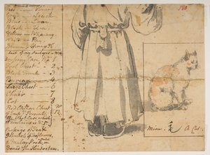180 Katt, figur og liste over Alexanders bagasje., fra et album med 372 tegninger av landskap, kystlinjer, kostymer og hverdagsliv laget under Lord Macartneys ambassade til keiseren av Kina, mellom 1792 og 1794 (blyant og akvarell på papir) av William Alexander