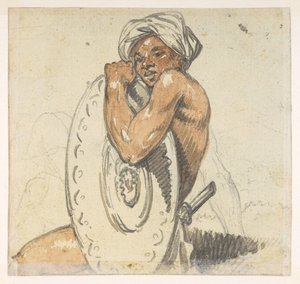 29v Ung mann med skjold. fra et album med 372 tegninger av landskap, kystlinjer, kostymer og hverdagsliv laget under Lord Macartneys ambassade til keiseren av Kina, mellom 1792 og 1794 (blyant og akvarell på papir) av William Alexander