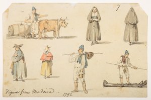 7'-figurer fra Madiera. 1792.' fra et album med 372 tegninger av landskap, kystlinjer, kostymer og hverdagsliv laget under Lord Macartneys ambassade til keiseren av Kina, mellom 1792 og 1794 (blyant og akvarell på papir) av William Alexander