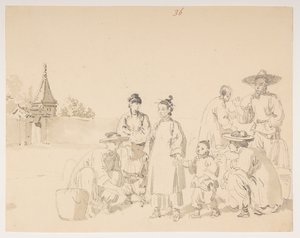 En gruppe, fra et album med 372 tegninger av landskap, kystlinjer, kostymer og hverdagsliv laget under Lord Macartneys ambassade til keiseren av Kina av William Alexander