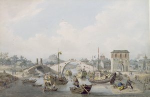 Båter på elven ved Suchow, Kina (wc over svart bly) av William Alexander